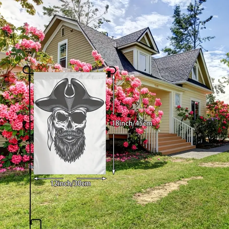 1pc, Skeleton Garden Flag, Vertical Double Sided Monochrome Retro Skeleton  Pirate Hat House Flag, Home Decor, Outdoor Decor, Yard Decor, Garden Decora