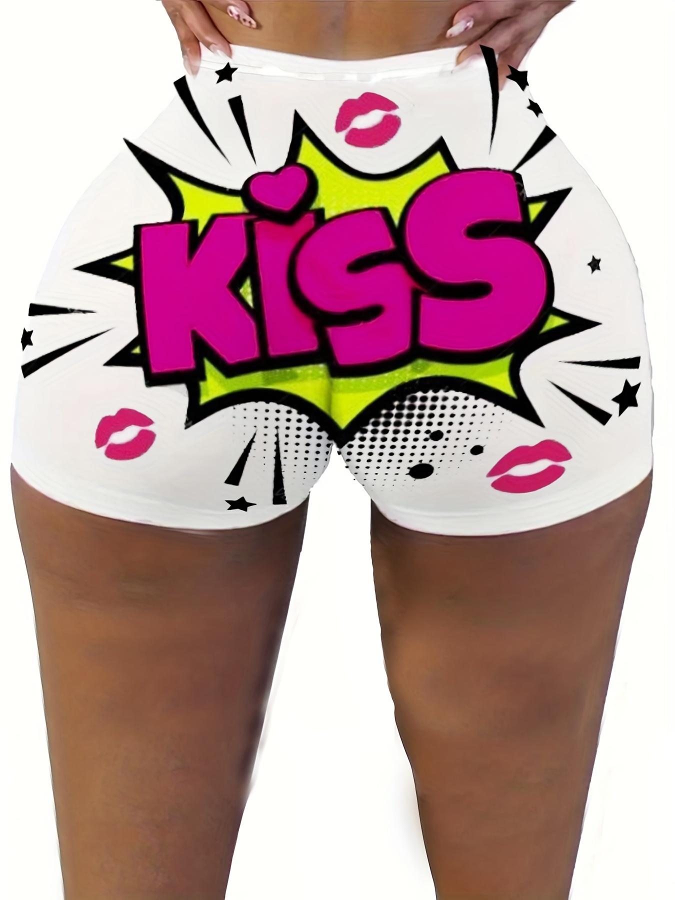 Letter Kiss Print Skinny Shorts Casual Elastic Waist Shorts - Temu