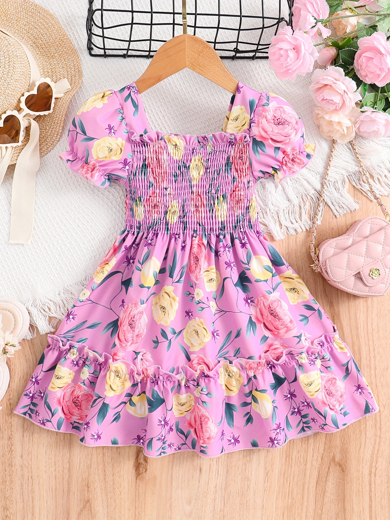 Hem Party Dress Girls Puff Sleeve Floral Shirred - Temu Canada