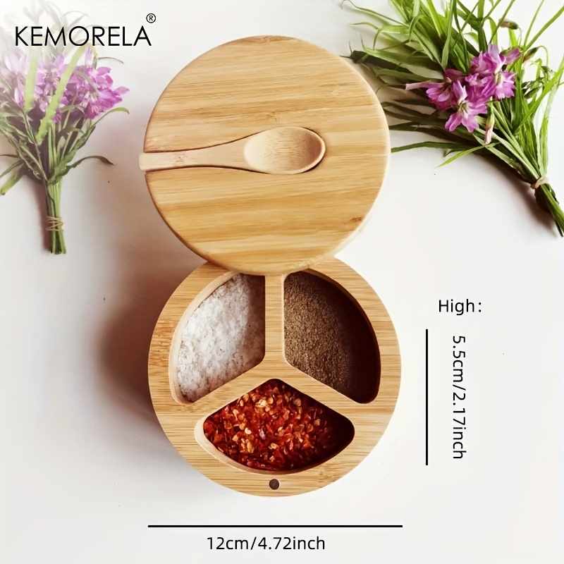 Bamboo Double Grid Round Seasoning Jar With Spoon Bamboo High Temperature  Carbonization Seasoning Box Salt Jar Kitchen Utensils Seasoning Bottle -  Temu