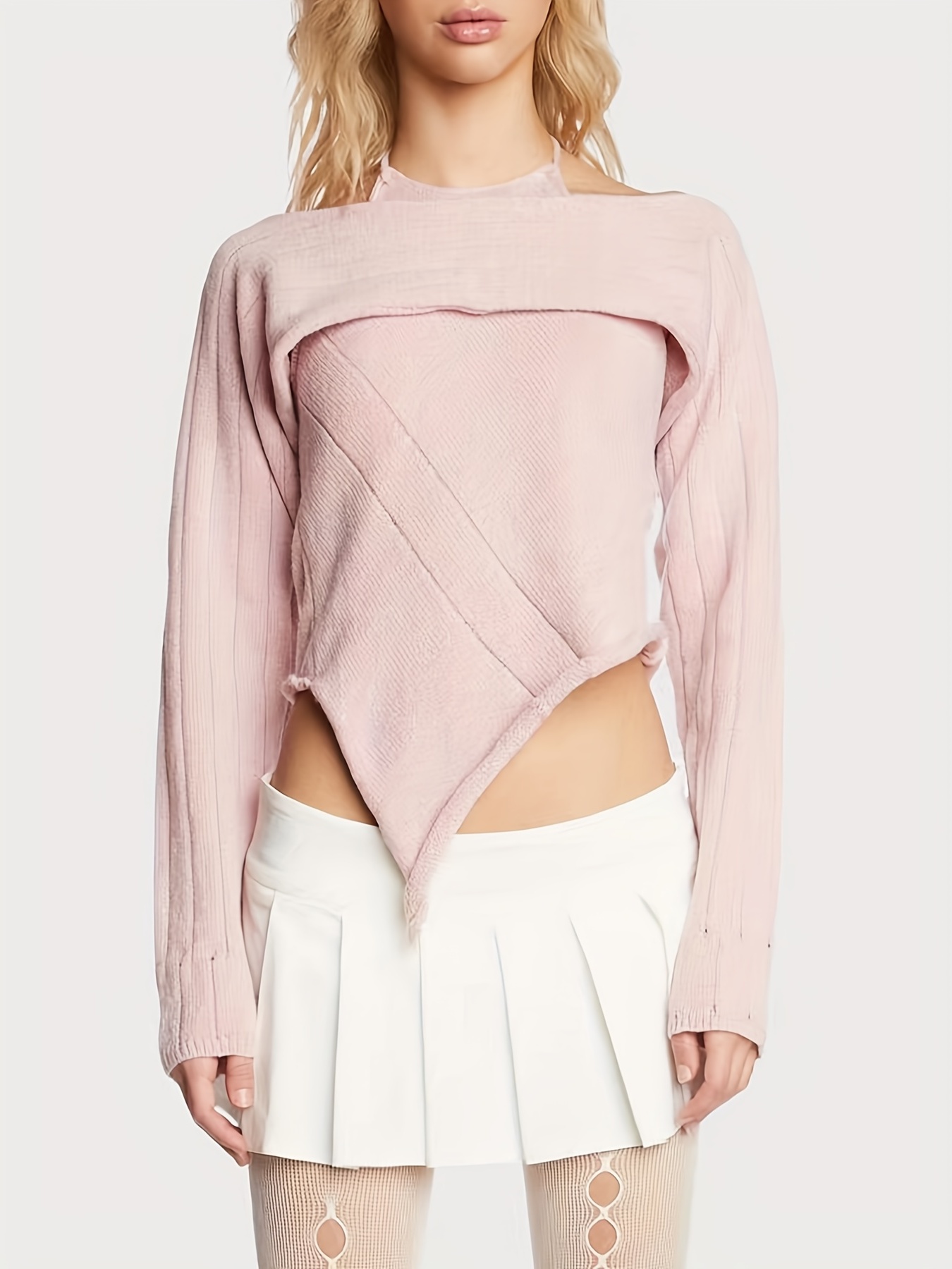 Ribbed Asymmetrical Neck Knit Crop Sweater Sexy Cold - Temu