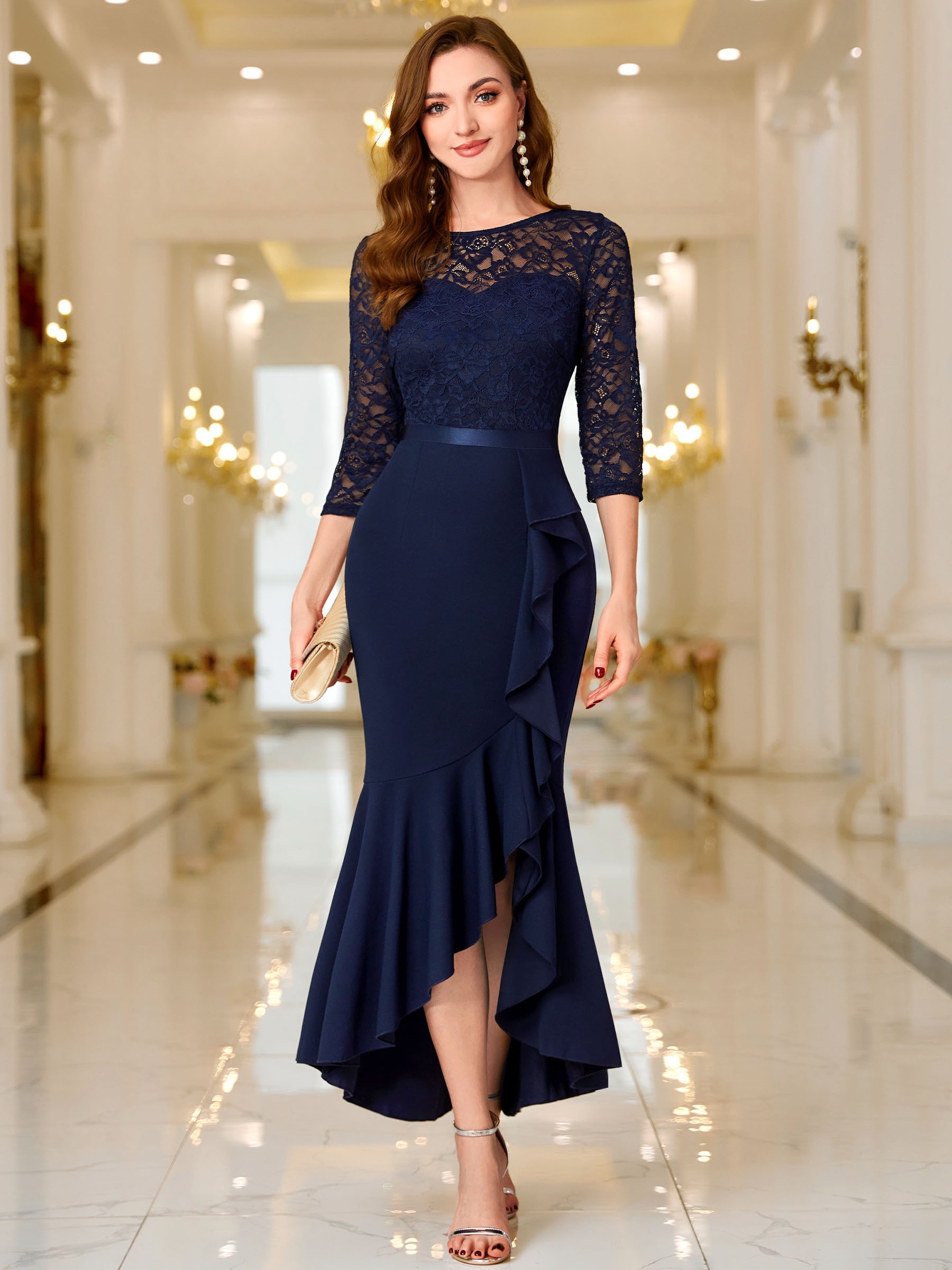 NAVYBLUE LACE DRESS WITH FRILLS