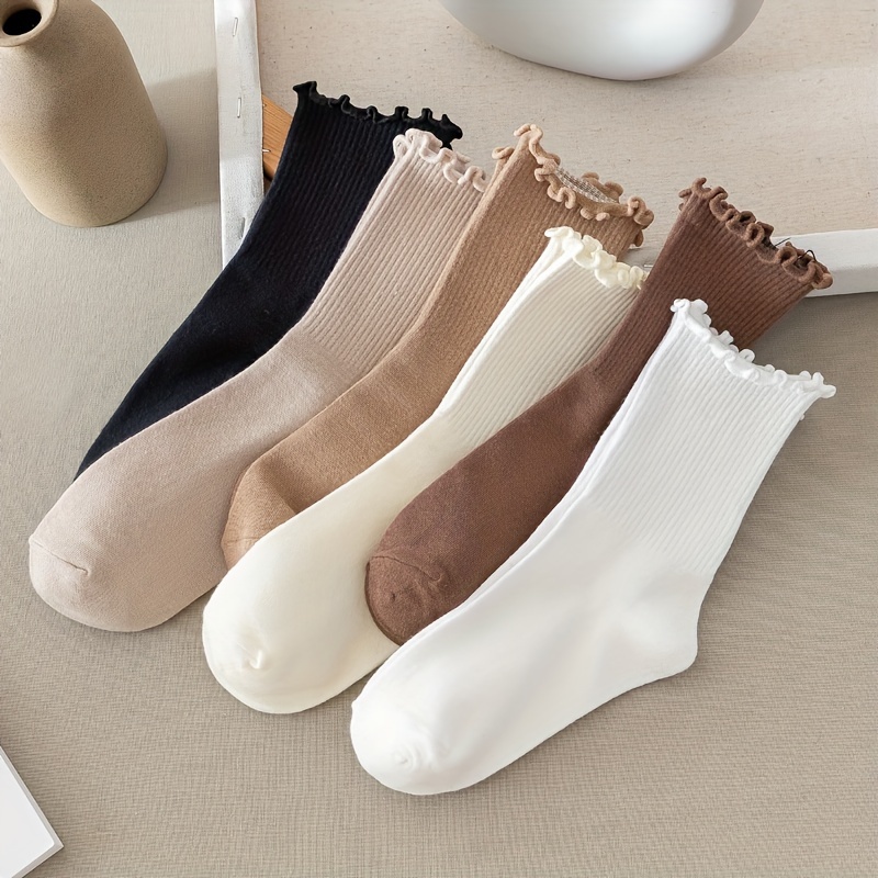 

6 Pairs Lettuce Trim Socks, Comfy & Simple Solid Mid Tube Socks, Women's Stockings & Hosiery