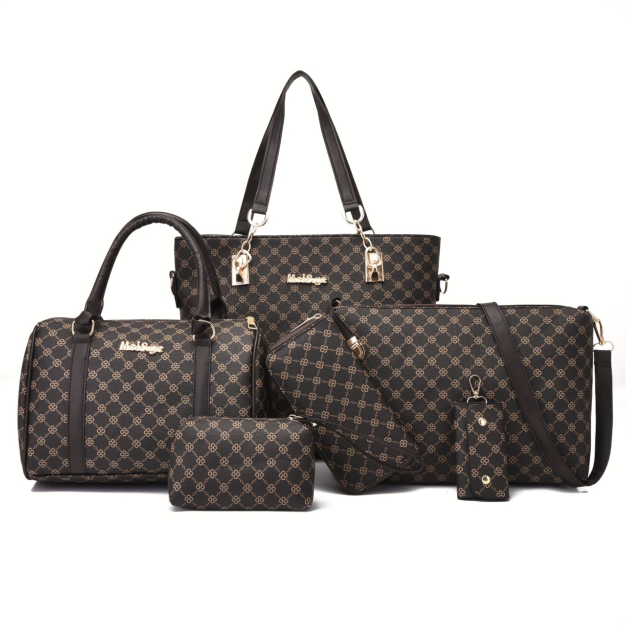 

6pcss/set Designer Brand Inspired Pu Leather Keychain Wallet, Wristlet, Handbag, Crossbody Bag, Tote Bag, Duffle Bag Set