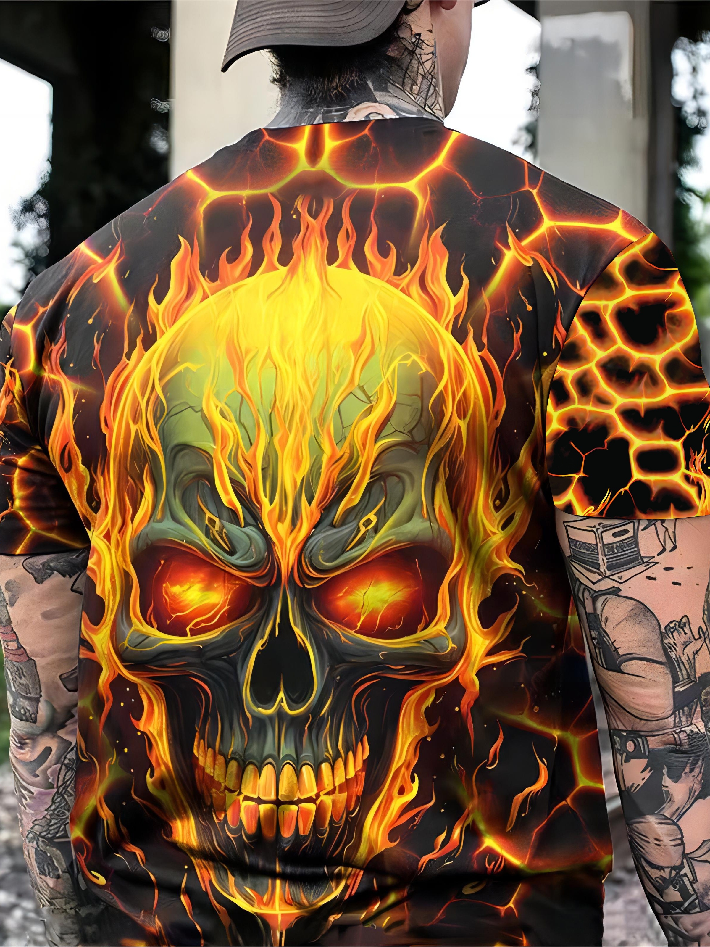 Men's 3D Flaming Skull Graphic T-Shirt - Casual Comfort Fit, Short Sleeve Pullover, Polyester Blend, Machine Washable, Summer Outdoor Wear, PLUS SIZE