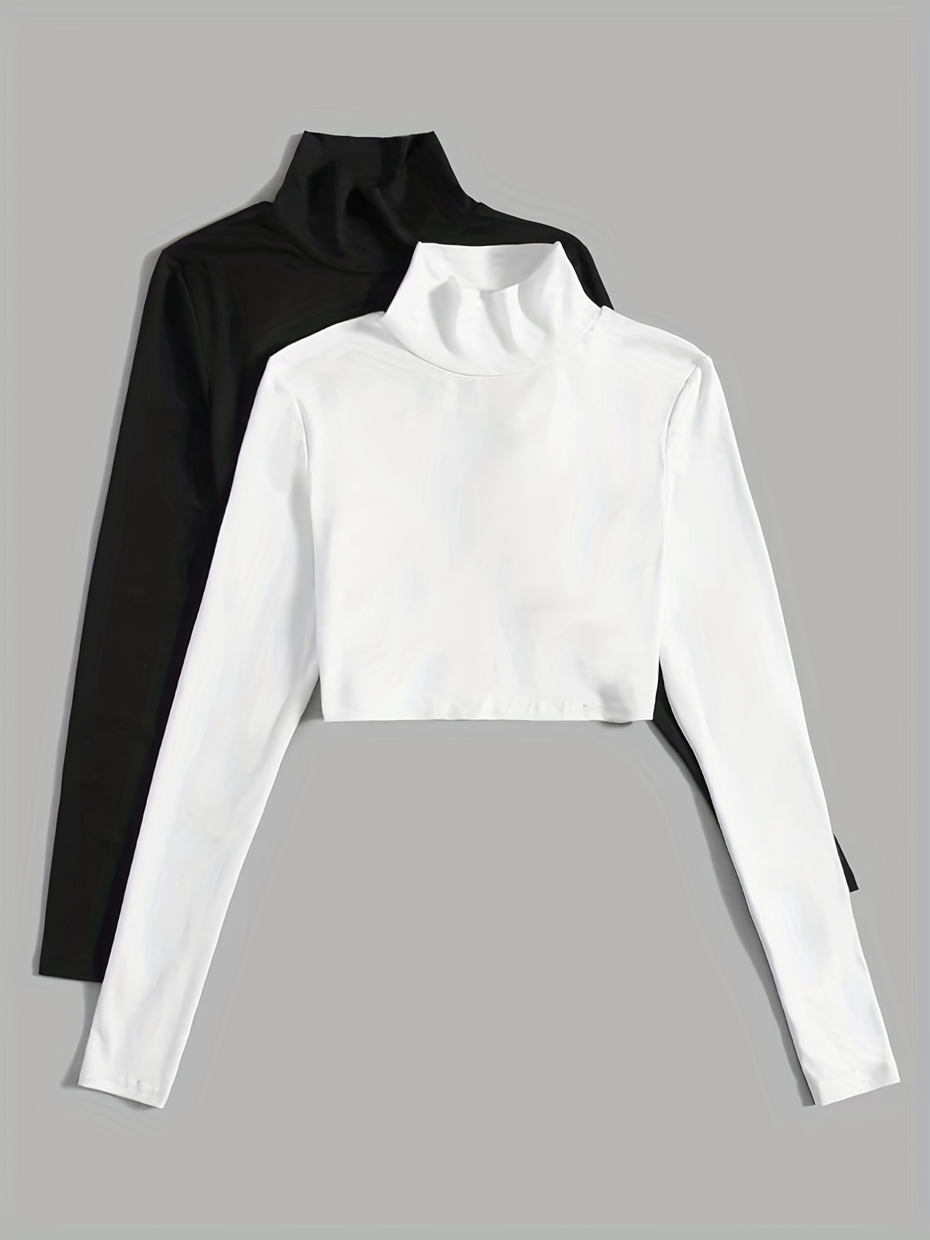 Solid Notched Neck Crop T-shirt, Versatile Long Sleeve Crop Top, Women's  Clothing