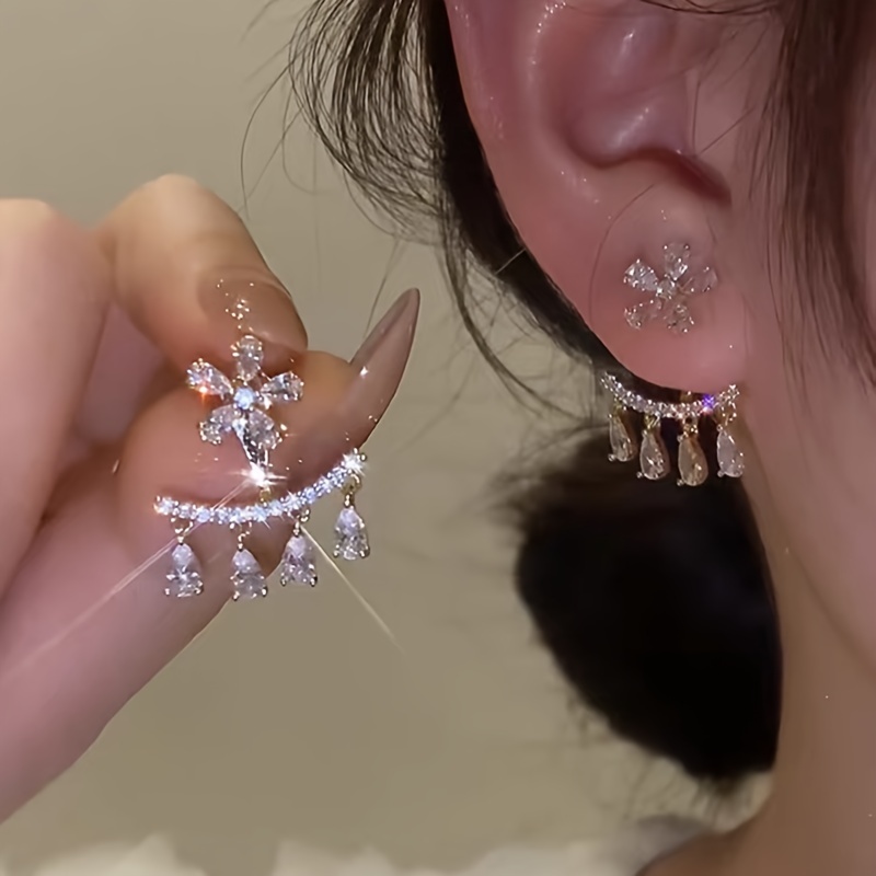 

Shiny Delicate Stud Earrings Ear Jacket Zinc Alloy Jewelry Embellished With Pretty Rhinestones Elegant Korean Style Female Gift