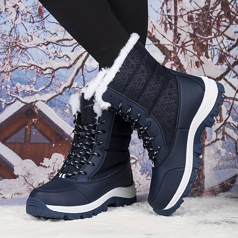 Women Winter Warm Snow Boots Fur Lined Lace Up Ankle Boots Waterproof Shoes  Plus