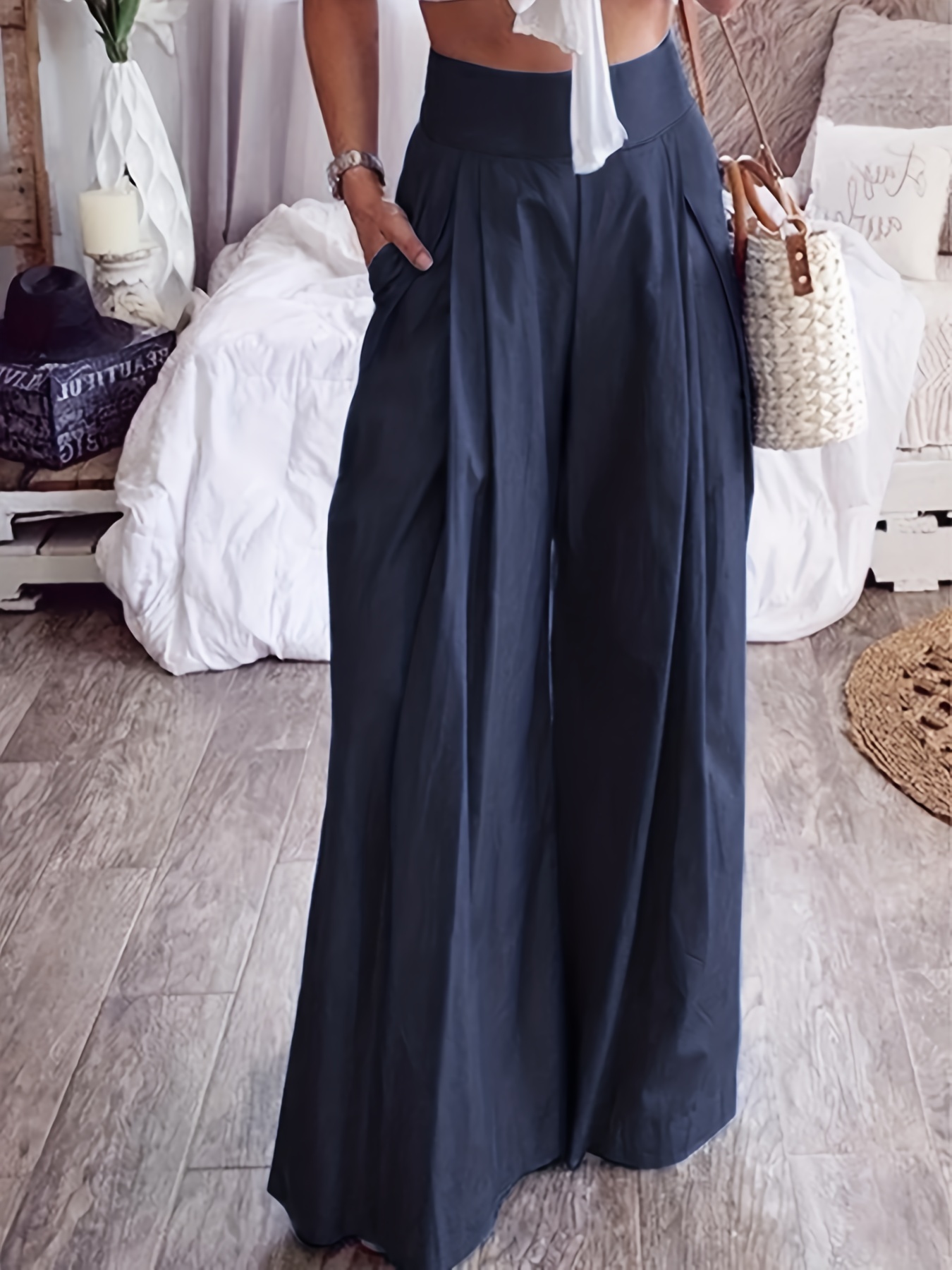 Solid High Waist Wide Leg Pants, Casual Floor Length Comfy Pants With  Pocket, Women's Clothing