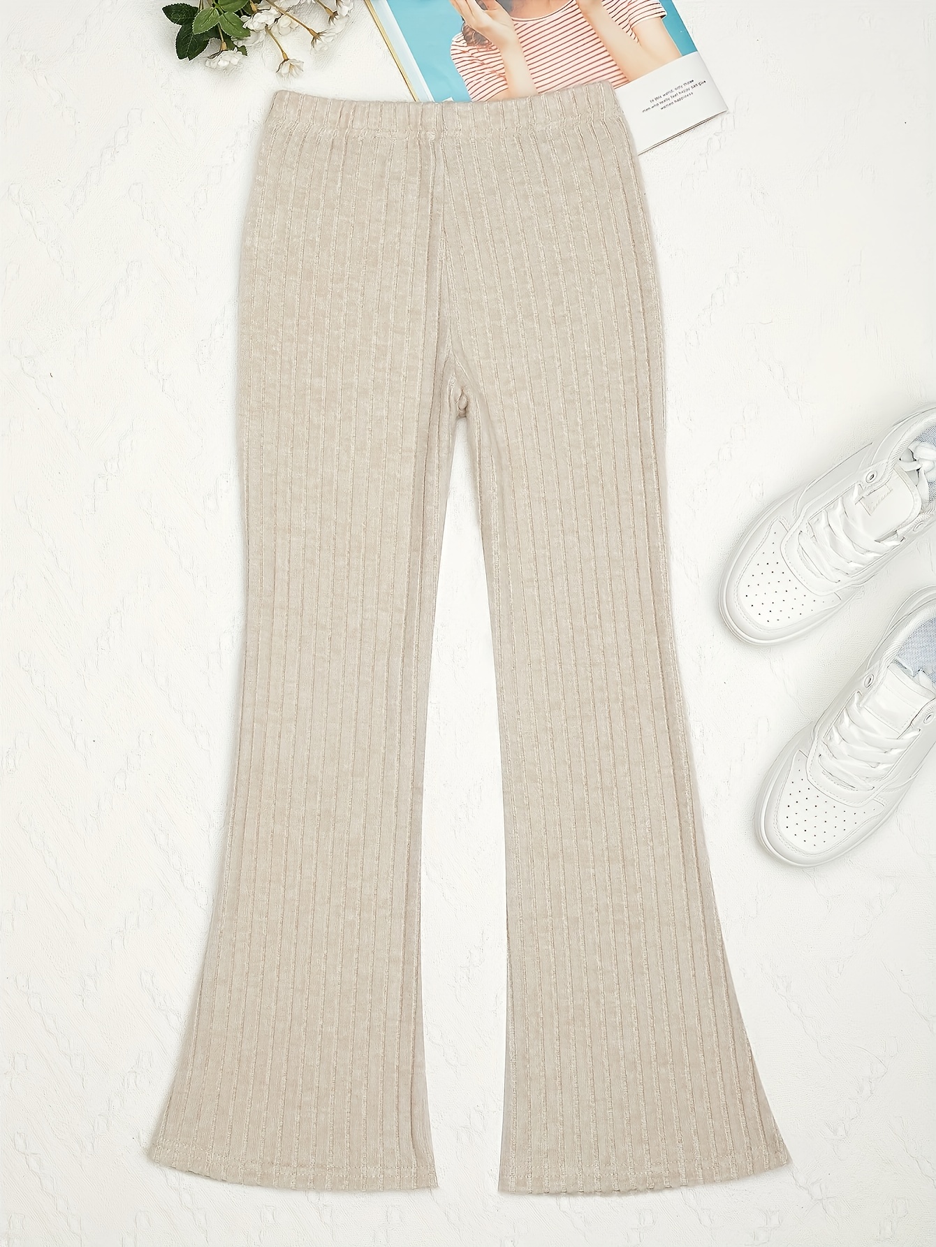 Rib-knit flared trousers - Beige - Ladies