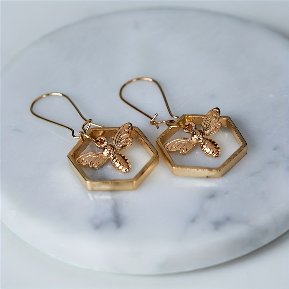 Hollow Hexagon Bee Design Dangle Earrings Retro Boho Style Alloy Jewelry Creative Gift For Women Girls