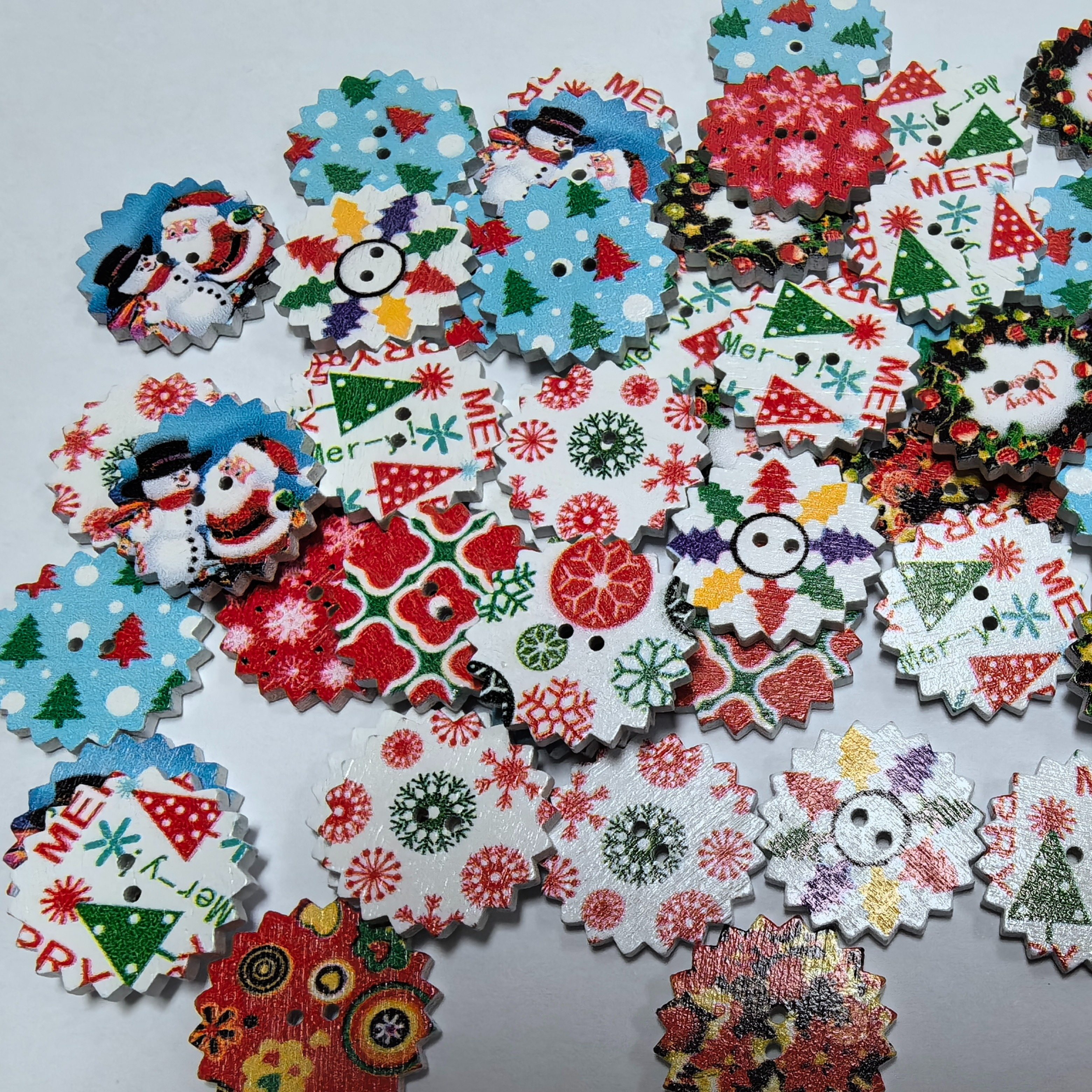 Mixed Color Christmas Wooden Buttons Gear Snowflake Wooden - Temu