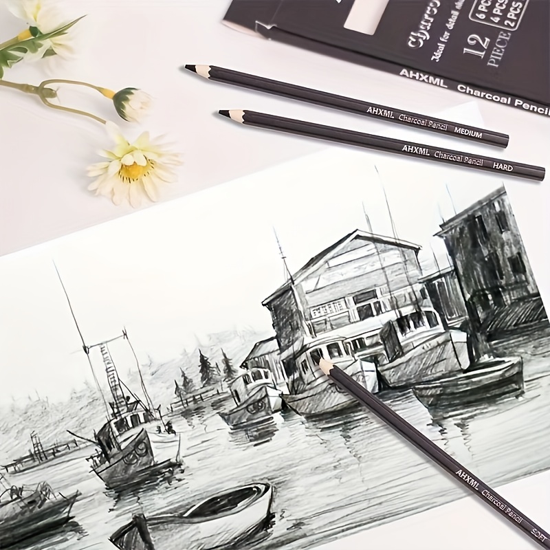 6Pcs White Charcoal Pencil Drawing Set Soft & Medium Sketching