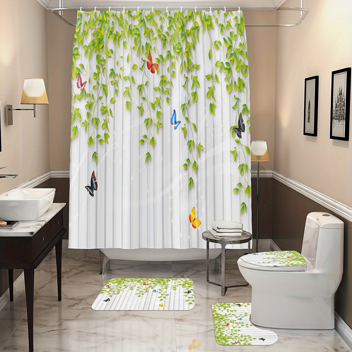 Shower Curtain Set Decorative Butterfly Green Leaves Printed - Temu