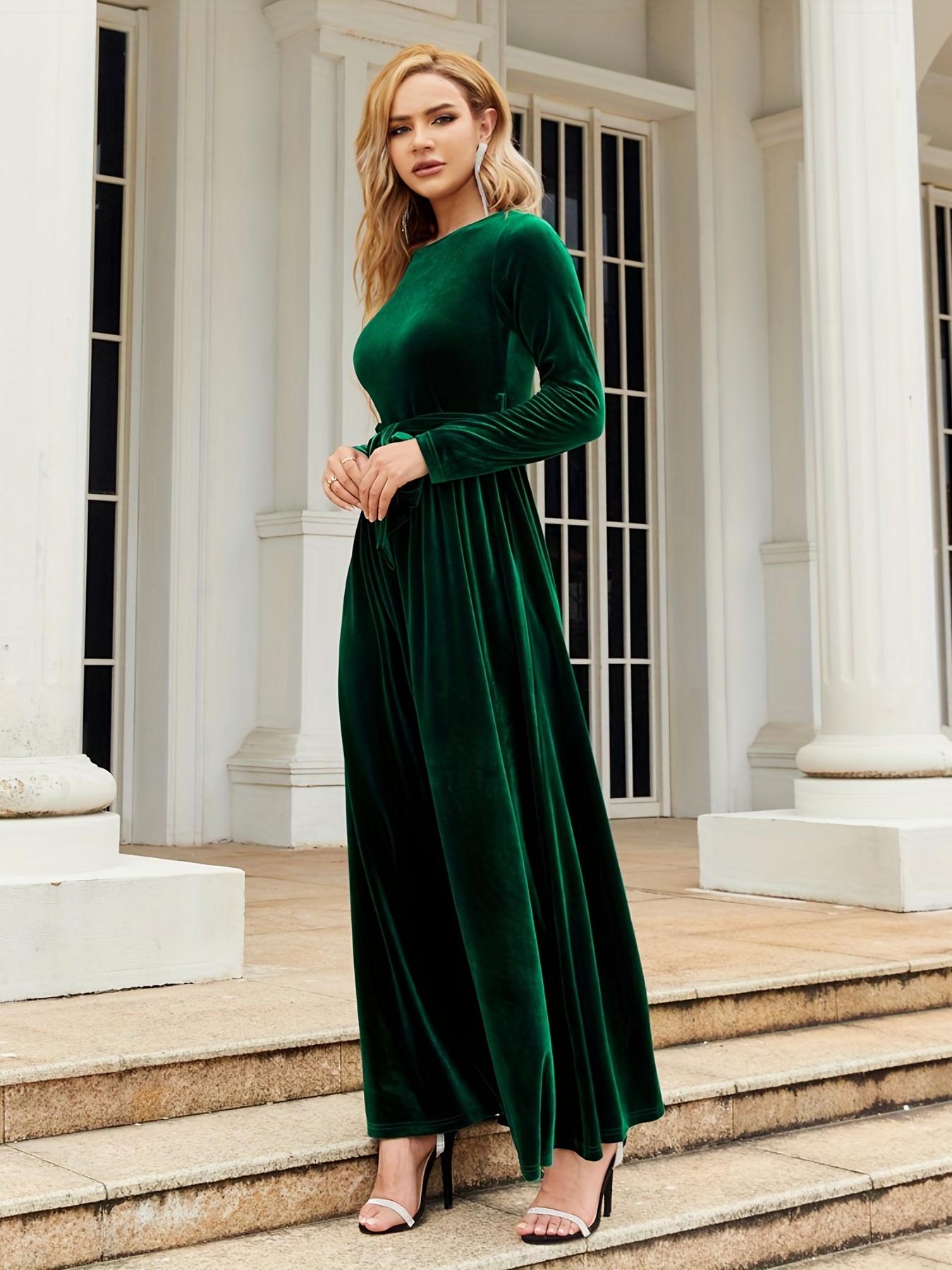 knee length dresses for ladies Dark Red Flared Long Sleeve Maxi Dress – shopaleena main image 1