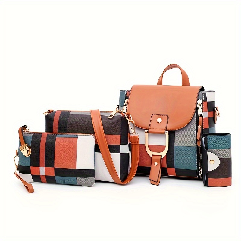 4pcs/set Fashion Plaid Backpack, Trendy Crossbody Bag, Women's Casual Handbag, Shoulder Bag & Clutch Purse