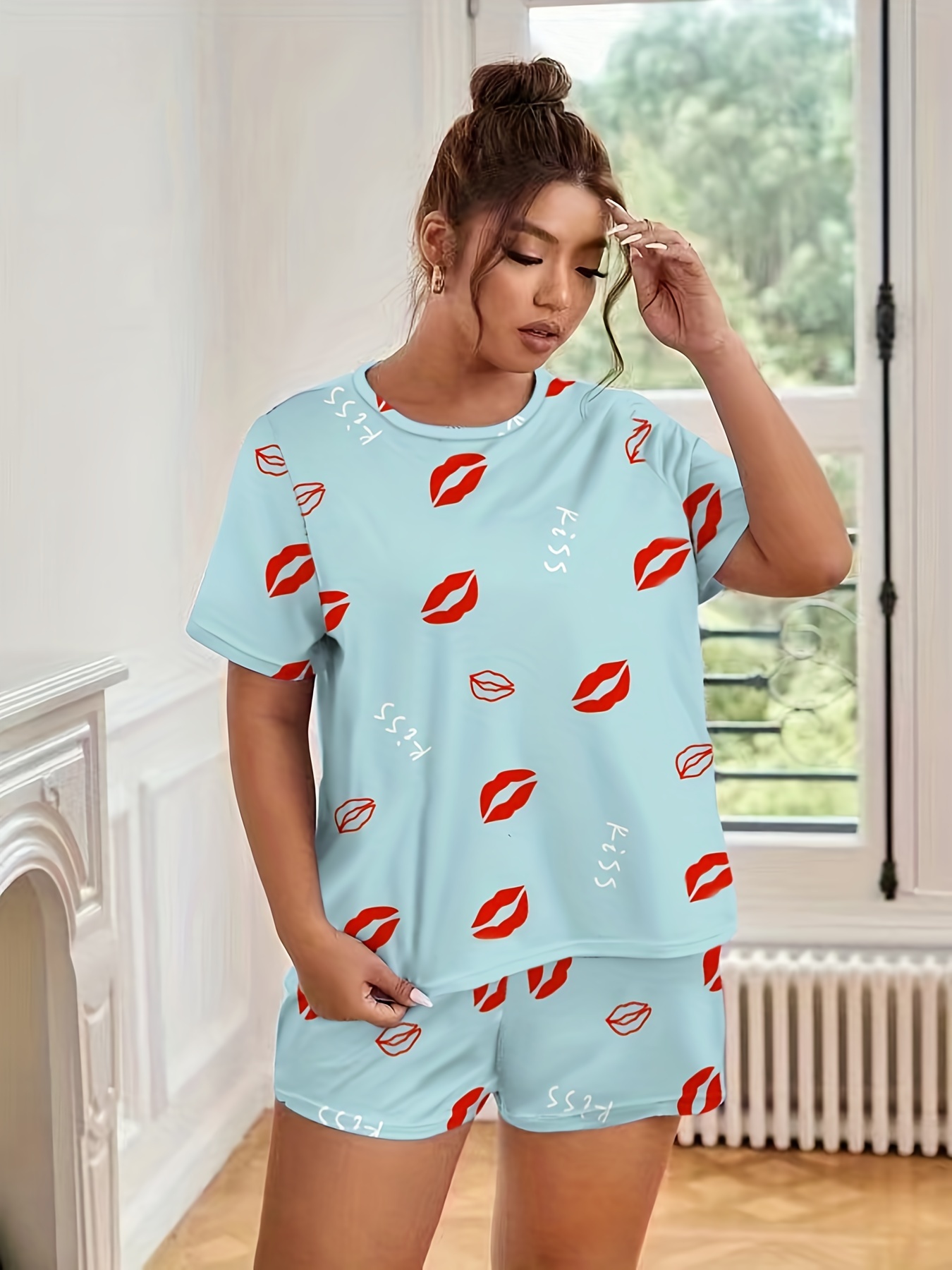 Plus Size Cute Pajamas Set Women's Plus Kiss Lips Print - Temu Canada