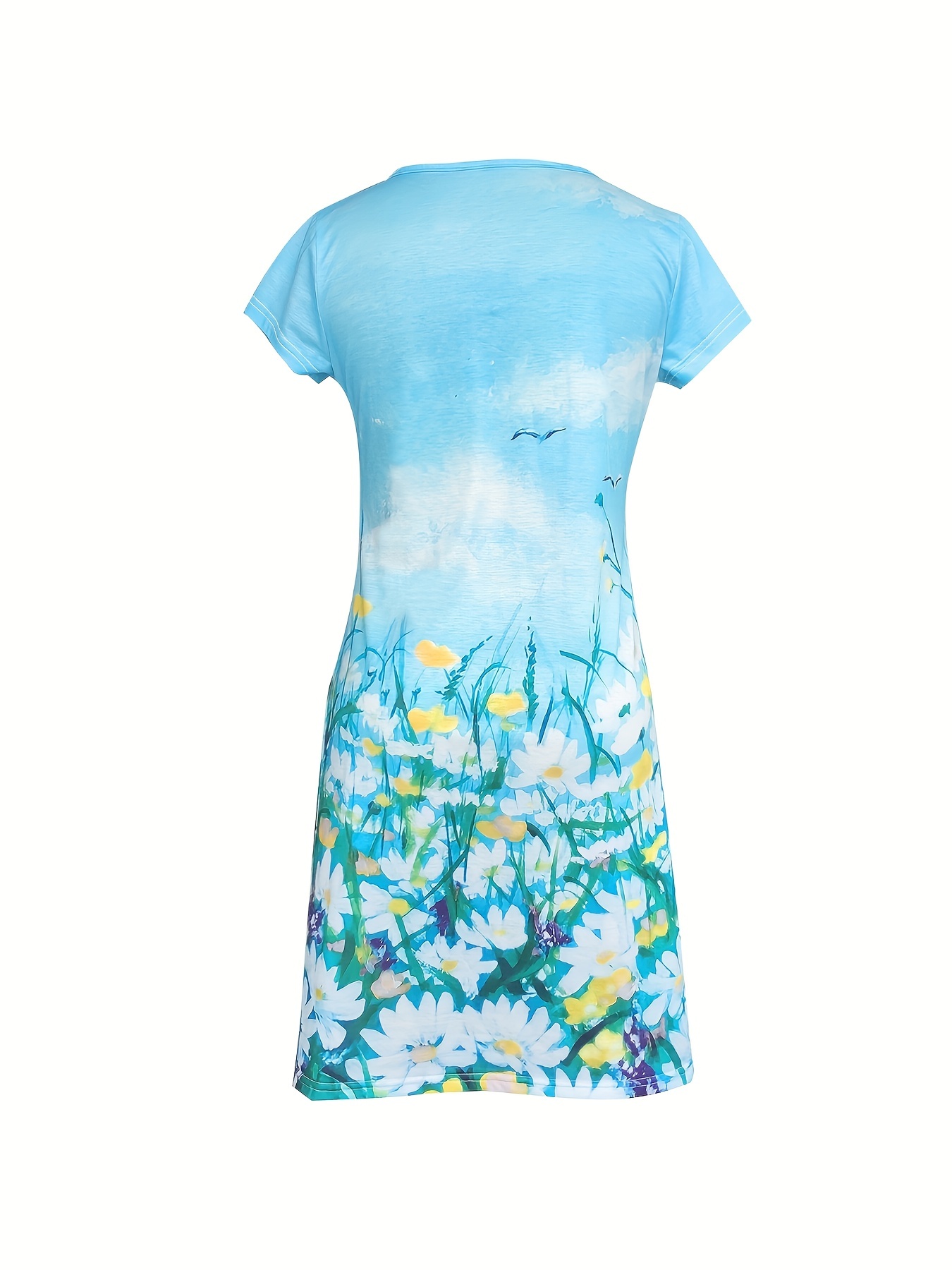 Çiçek Desenli Kısa Kollu Elbise, Rahat V Yaka Midi Elbise, Kadın Giyim