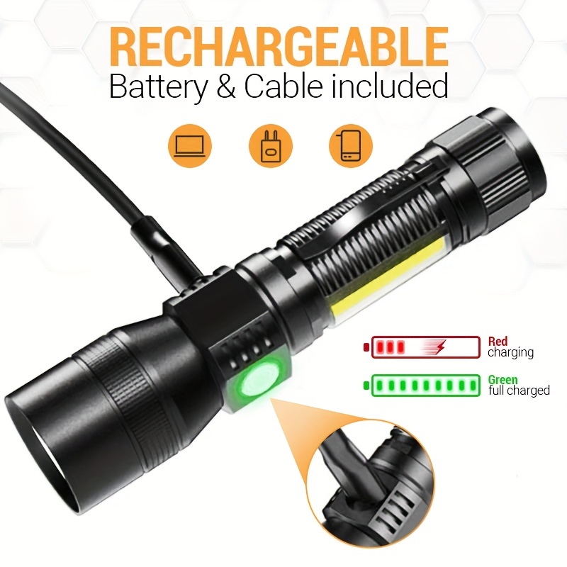 ideal, 2pcs portable zoomable magnetic led flashlight waterproof usb rechargeable 4 lighting modes ideal for camping hiking and repairs details 4