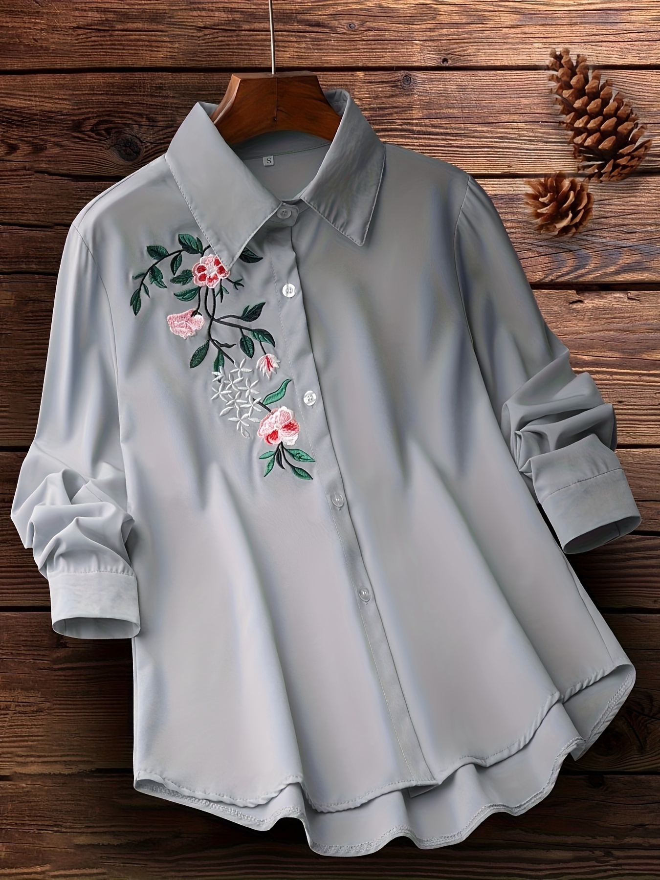 花柄刺繍ボタンダウンシャツ、春秋用ヴィンテージ長袖シャツ、婦人服 ...