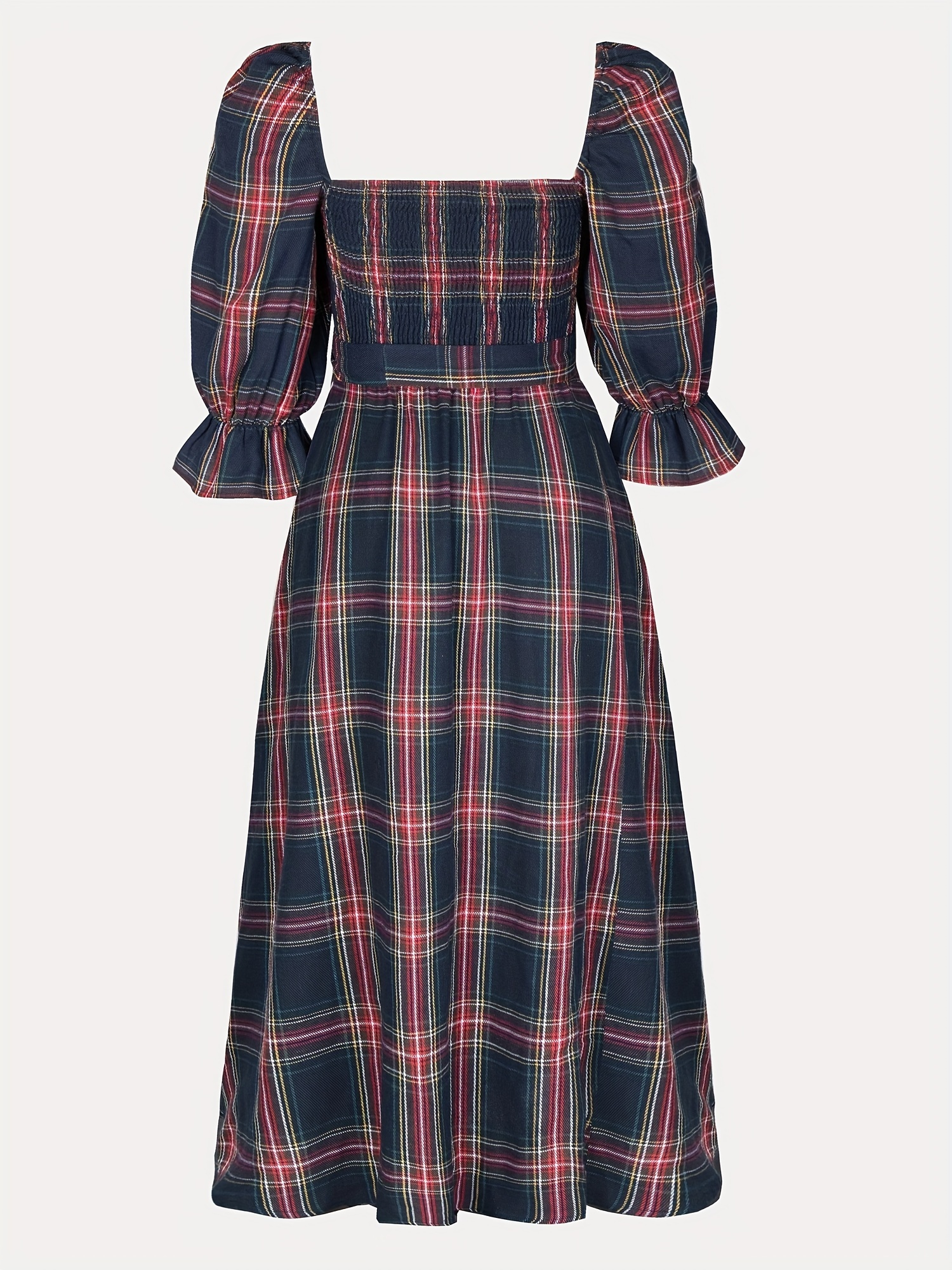 Plaid Pattern Square Neck Dress, Elegant Puff Sleeve Belted Midi Dress For  Spring & Summer, Women's Clothing