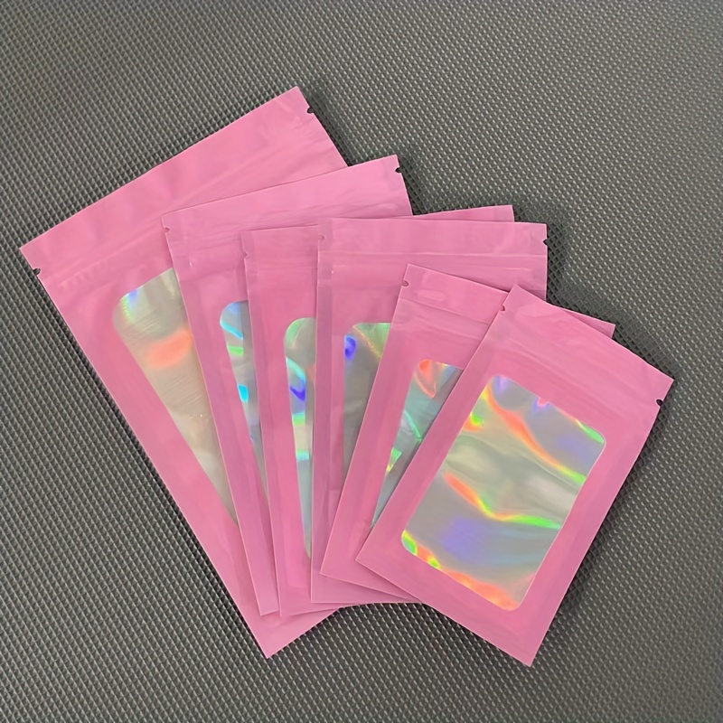 100pcs Iridescent Self Sealing Bags Pink Laser Plastic Translucent