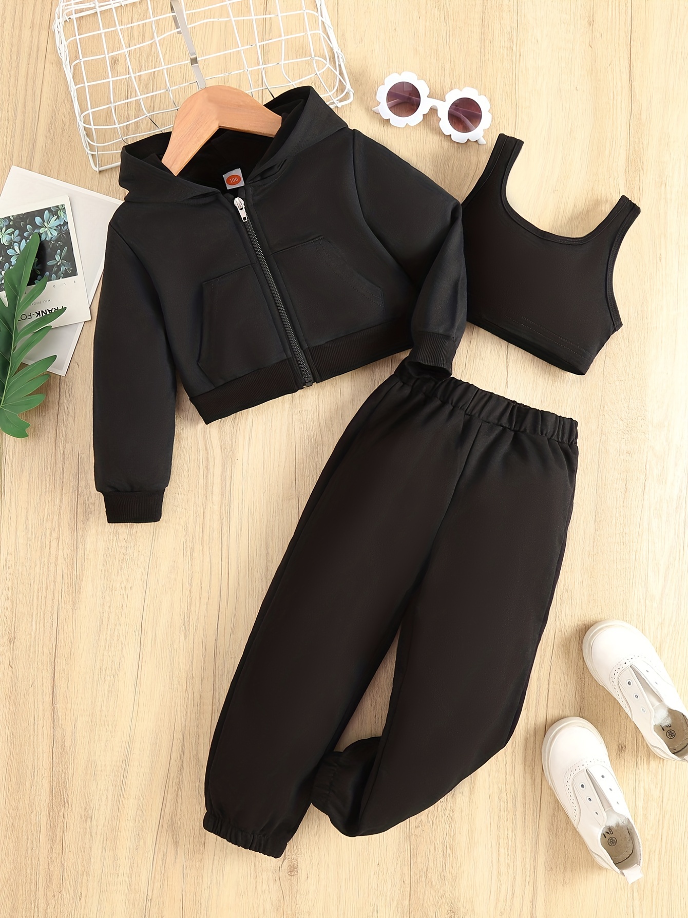 girls lets watch print 3pcs zip hoodie tank top sweatpants Temu