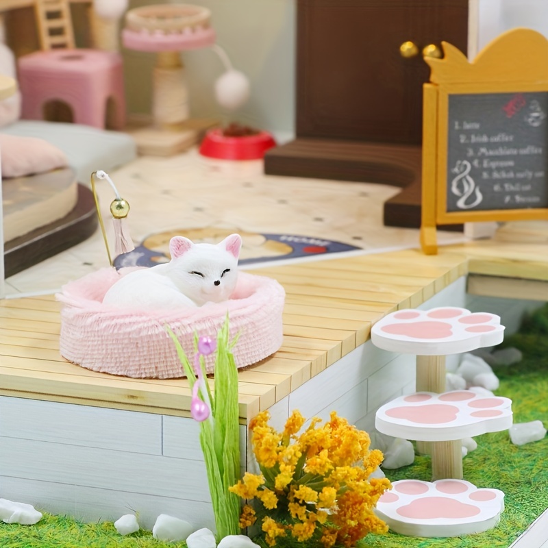  WonDerfulC Cat Cafe Wooden Miniature Dollhouse Kit DIY Pet Cat Coffee  Shop Building Model Accessories with Furniture LED Light Music Box Birthday  (no Dust Cover) : Toys & Games