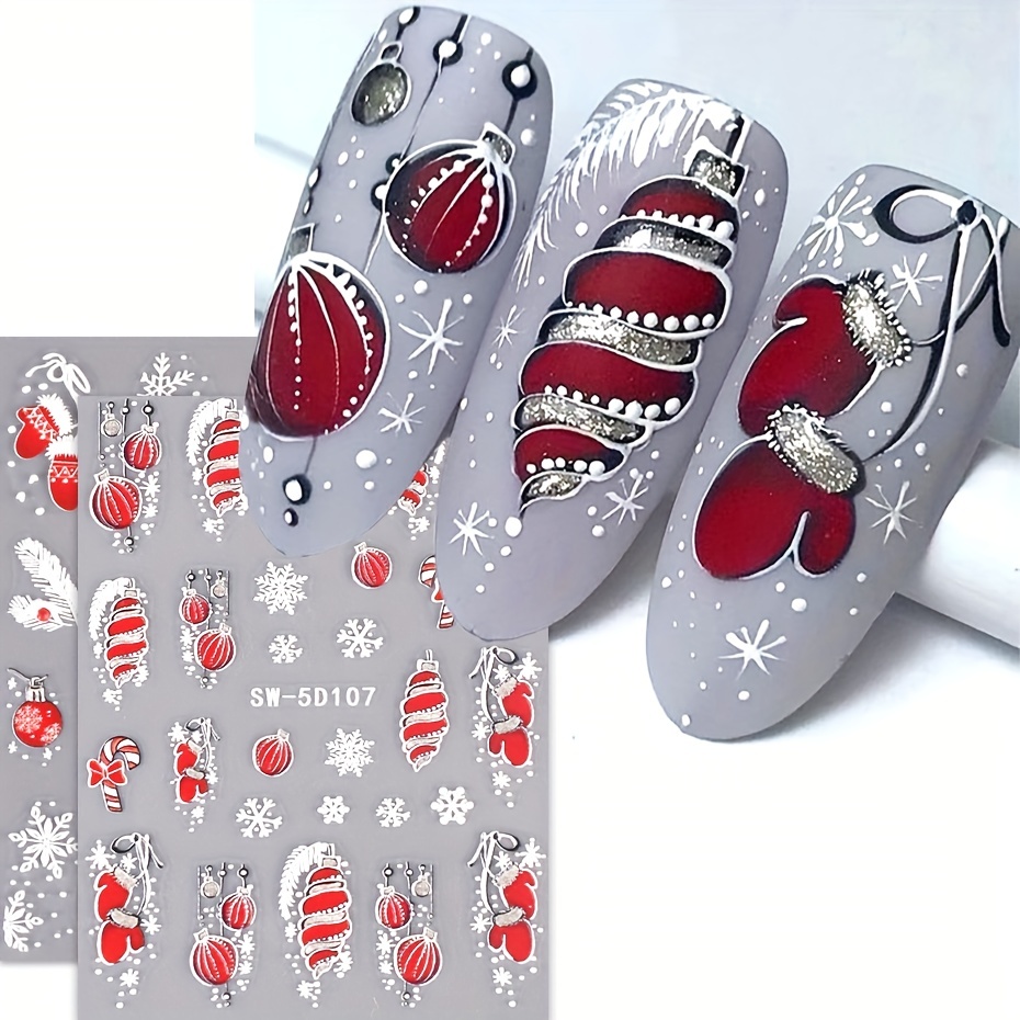 

5d Embossed Christmas Glitter Nail Art Stickers,snowflake Gloves Feather Bulb Bells Design Nail Art Decals For Diy Or Nail Salons,self Adhesive Cartoon Nail Art Supplies For Women And Girls