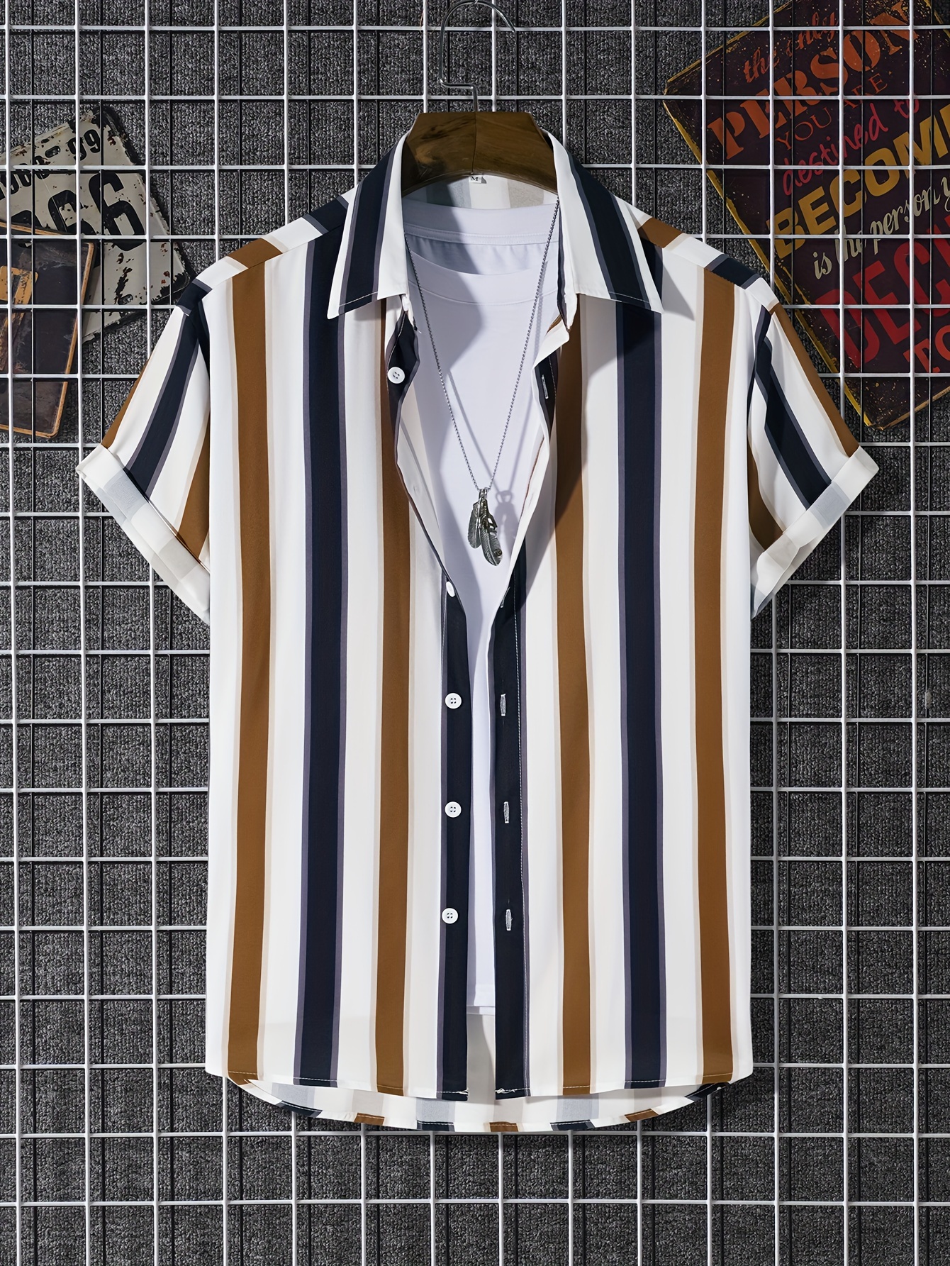 Camisa Botones Manga Corta Bloques Color Rayas Vintage Temu Uruguay
