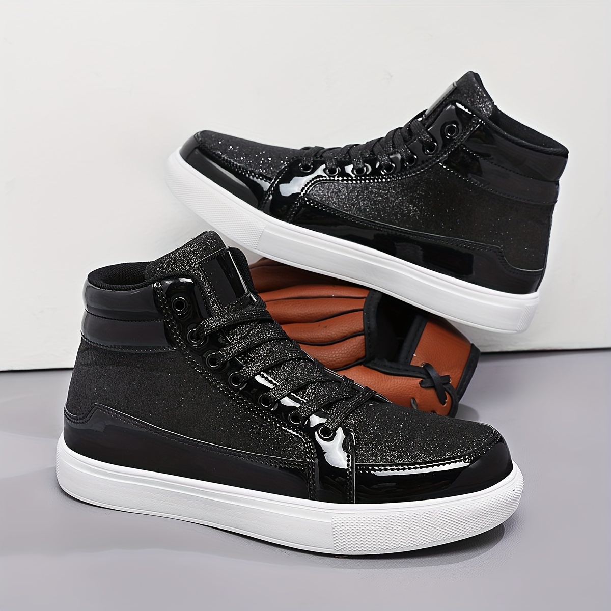 Men's Trendy Faux Patent Leather High Top Skate Shoes Comfy - Temu