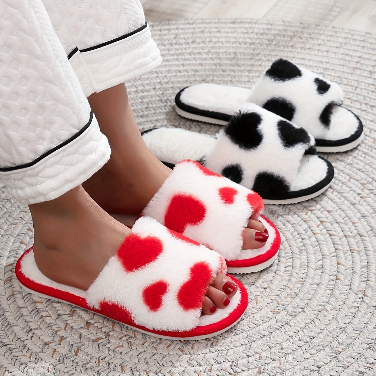 

1 Pair Cozy Heart Pattern Plush Slippers, Casual Open Toe House Shoes With Eva Sole And Fabric Insole, Footwear For Men And Women