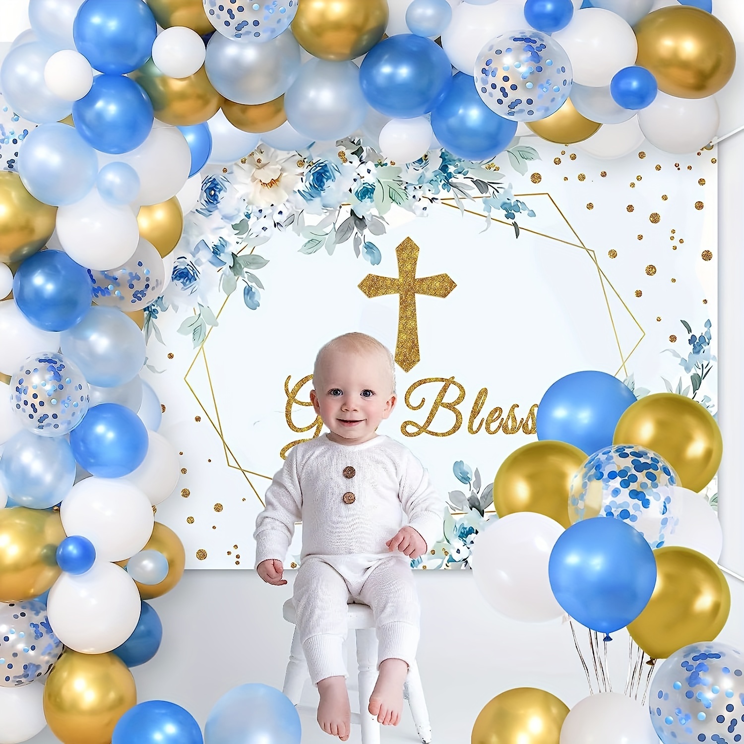 Decoraciones de fiesta de bautismo para niños, decoraciones de fiesta de  primera comunión, kit de guirnalda de globos blancos y dorados y azules con
