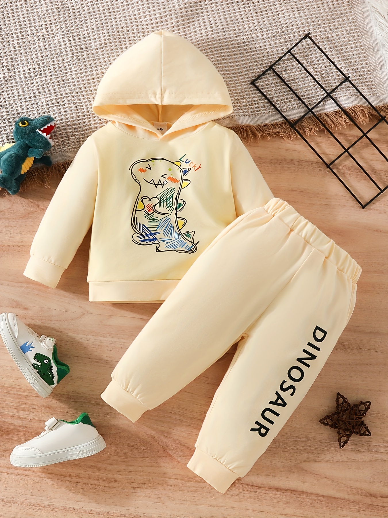 Boys and Girls Toddler Cute Dinosaur Painting Print Sweatshirt Hoodie, Pullover + Pants Set for Autumn and Winter,Temu