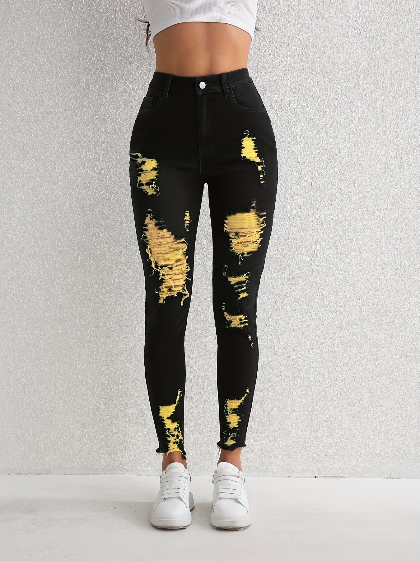 High Ripped Stretchy Tight Fit Skinny Jeans High Waist - Temu