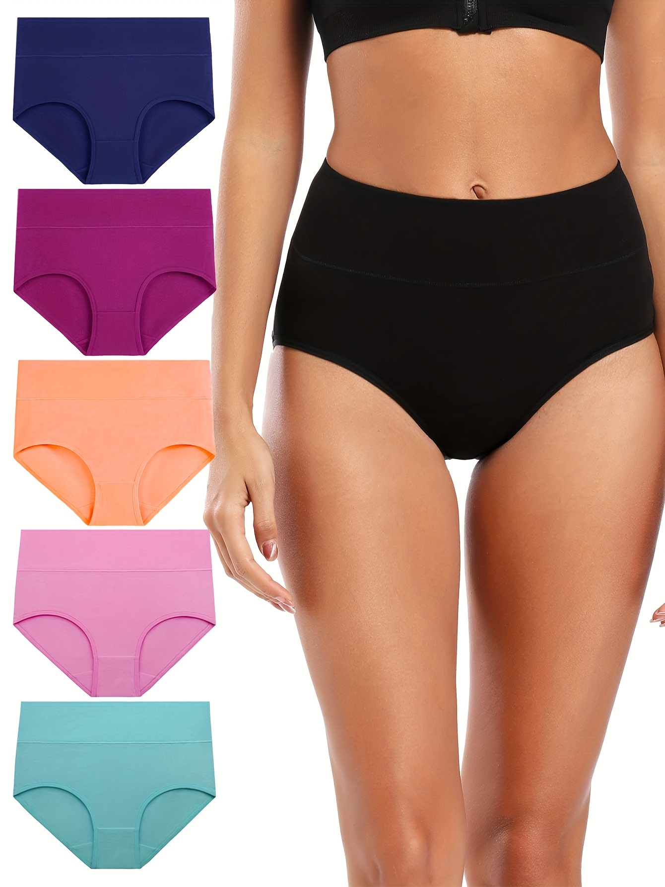 Women High Waisted Cotton Underwear Soft Breathable Panties Stretch Solid  Color Plus Size Brief No Show Full Coverage