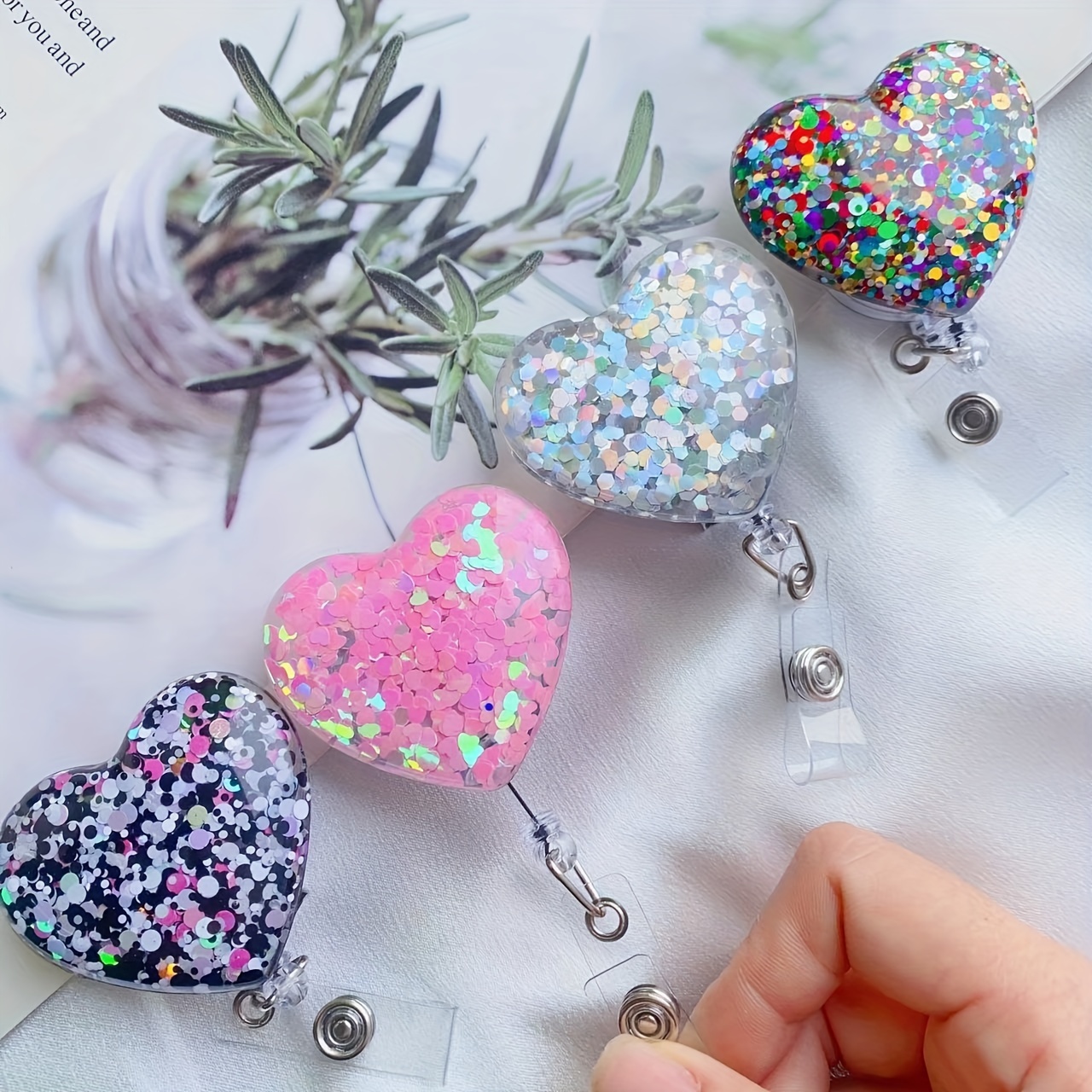 Ascrafter Glitter Love Heart ID Name Card Retractable Badge Reel Holders,5  Pack : : Fashion