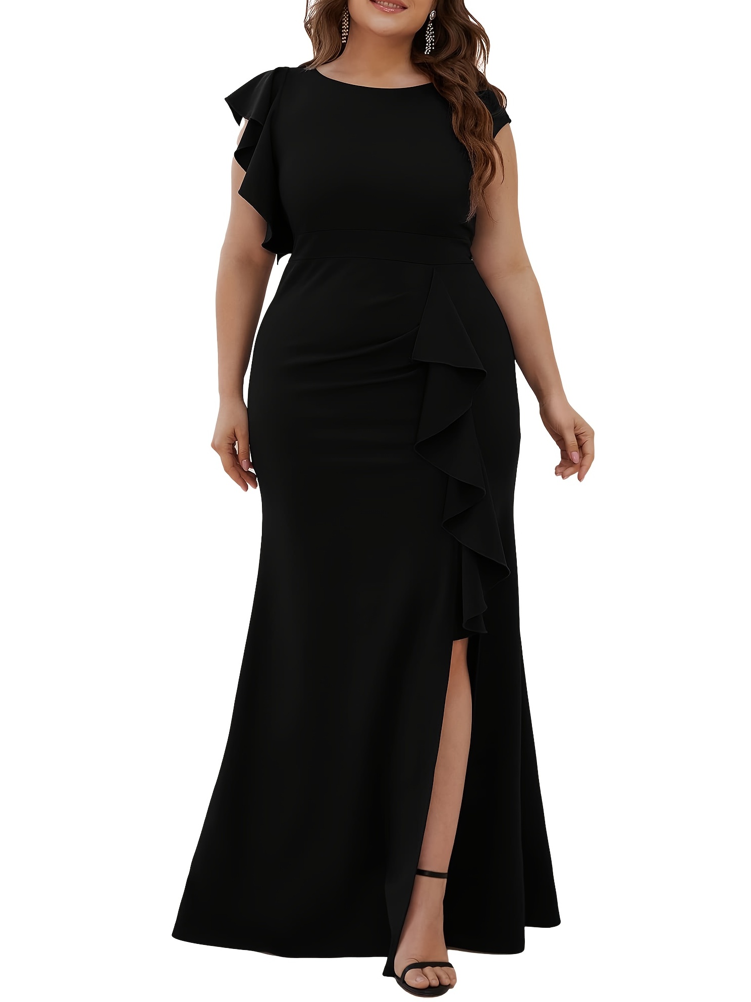 Plus Size Split Bodycon Mermaid Maxi Dress, Women's Plus Ruffle Sleeve Cocktail Long Dress - Temu Republic