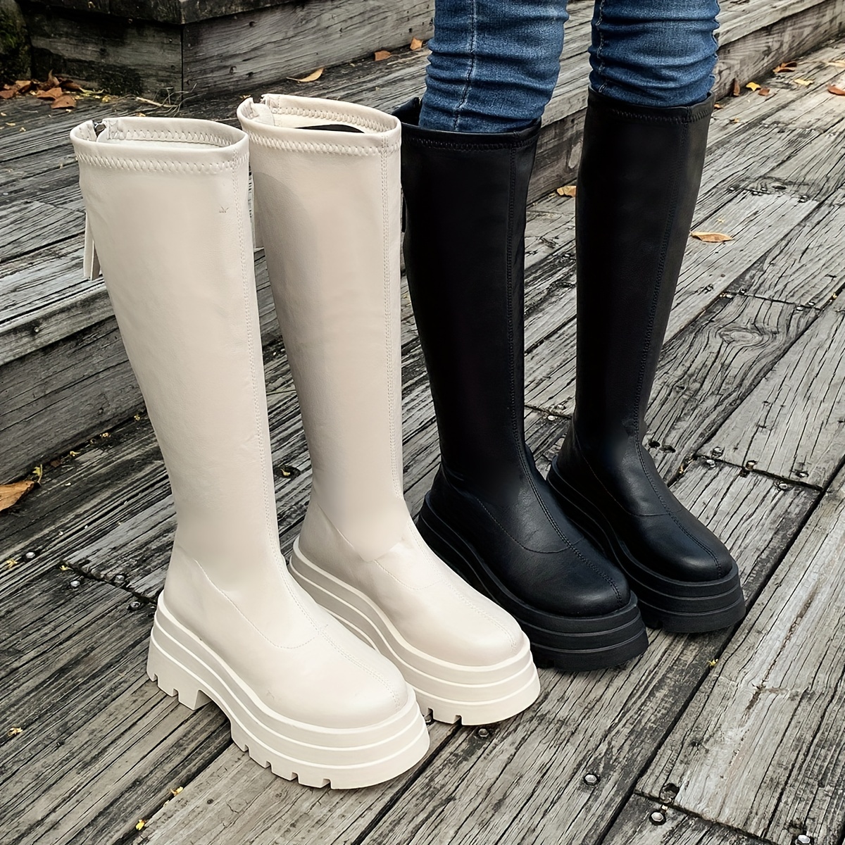 Solid Color Round Toe Platform Knee High Boots, Knee Boots, Women's Comfortable Side Zipper Fashion Stretchy Knee High Boots,Temu