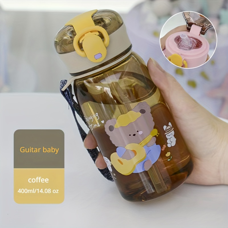 Cartoon Pattern Plastic Water Bottle With Handle And Straw, Cute Teddy Bear  Shaped Drinking Bottle