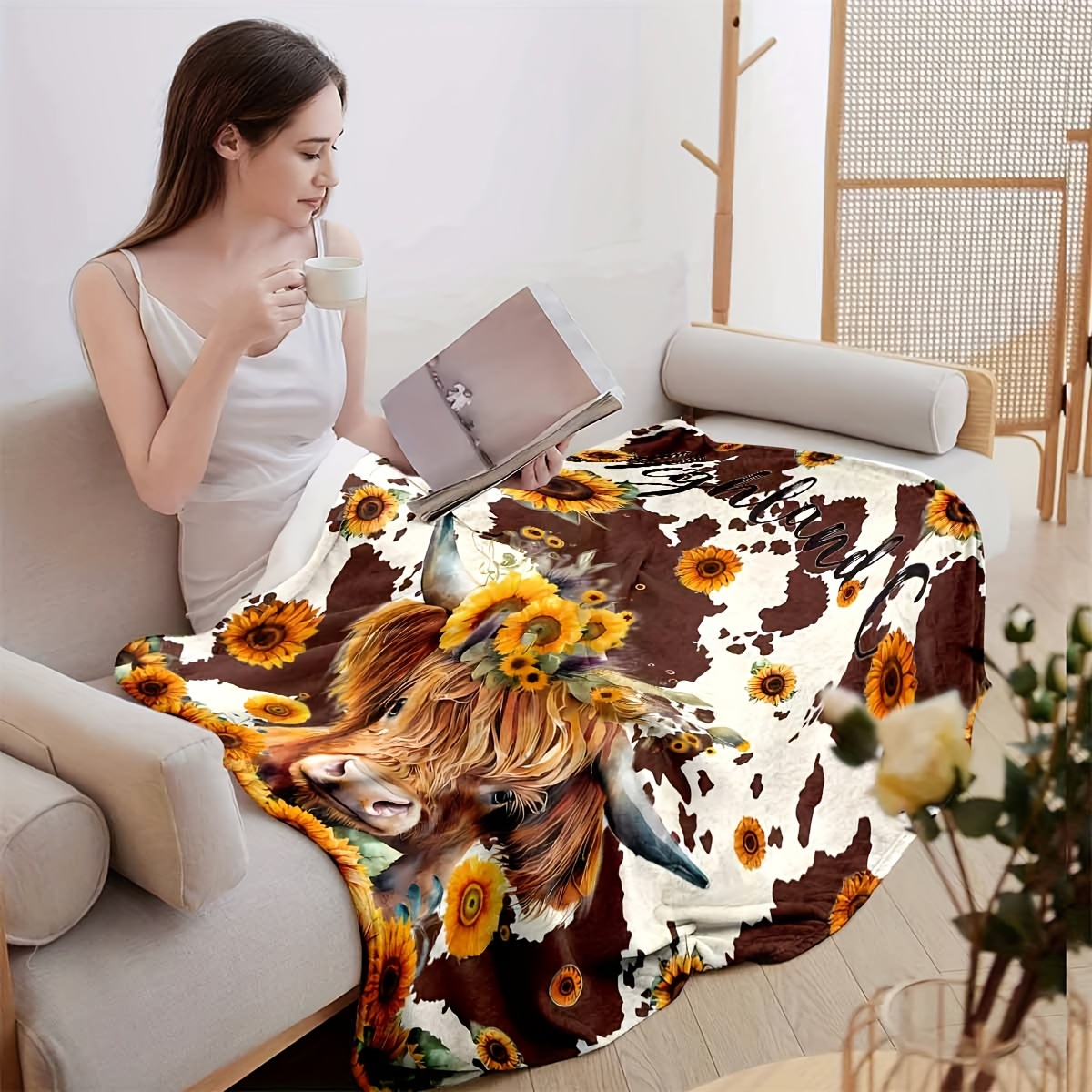 Highland Cow Sunflower Print Throw Blanket Soft Flannel Cozy - Temu