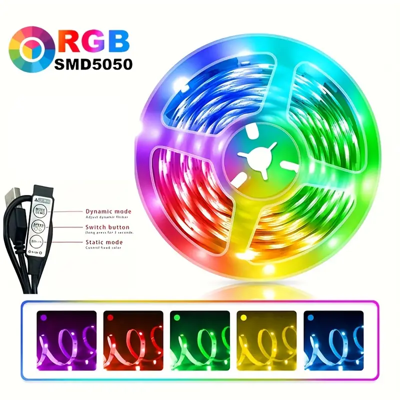 5v Rgb 5050 Led Strip Light 3 Keys Control Flexible - Temu