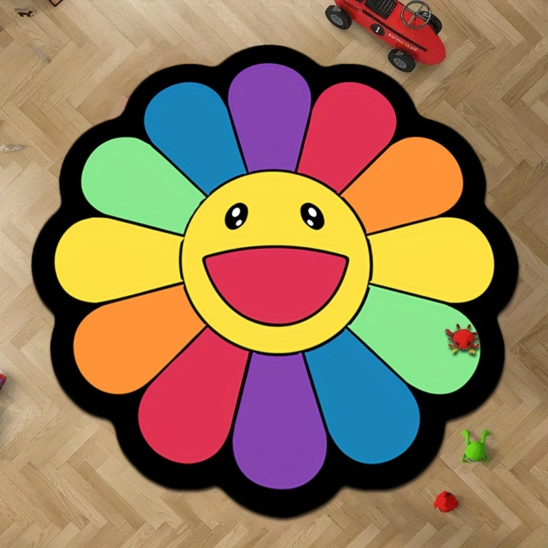 Takashi Murakami Smiley Face Rug, Chair Mat Takashi Murakami Sunflower,  Cool Floor Rug, Carpet Room Doormat Non-Slip, Rainbow Flower Rug