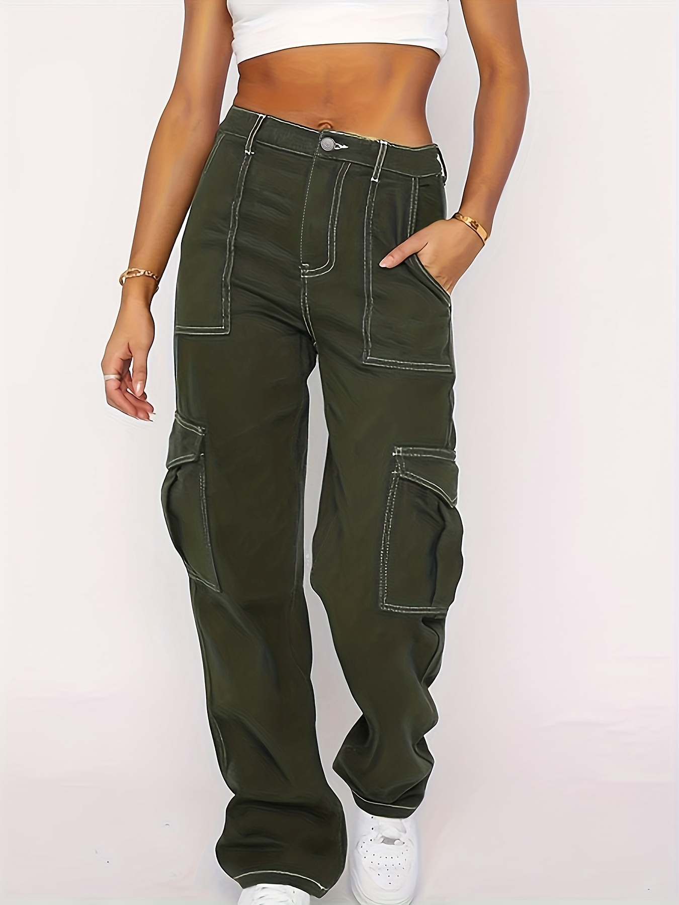 Green Flap Pockets Baggy Jeans High Waist Non stretch Y2k - Temu Canada
