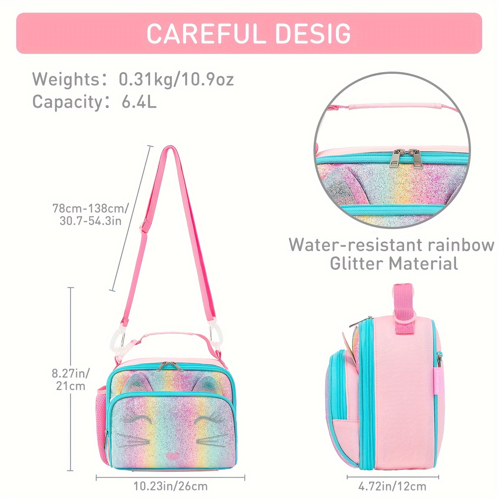 Waterproof Lunch Box for Girls Cute Kids Lunchbox Shiny Pink Lunch Bags  with Shoulder Strap and Pocket for Teen Girls Insulated Lunch Cooler Bag  for School Outd…