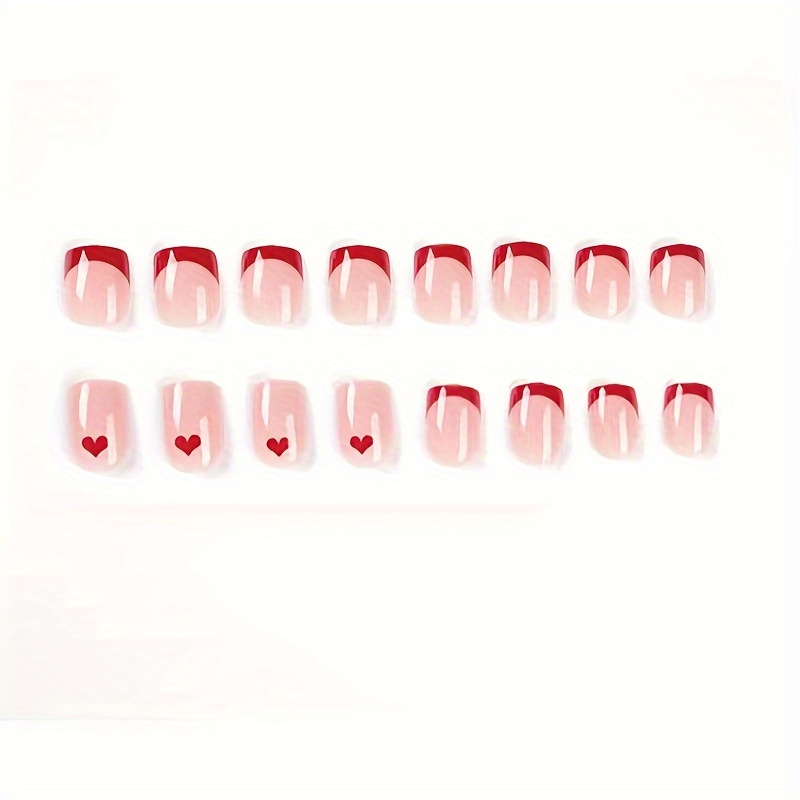 24pcs glossy valentines day press on nails short square press on nails red french fake nails with red love design glossy full cover false nails acrylic stick on nails for women girls without acetone details 2