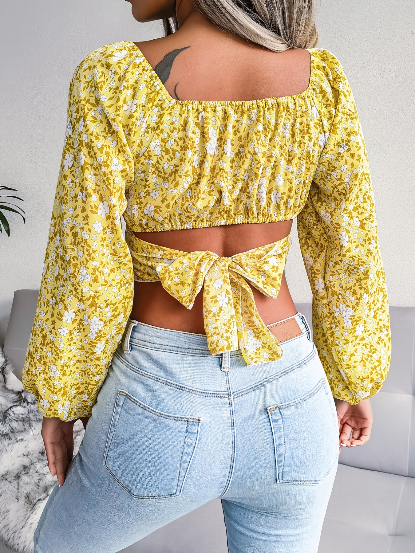 Women's Bohemian Summer Top - Elbow Length Sleeves / Floral Trim / Yellow
