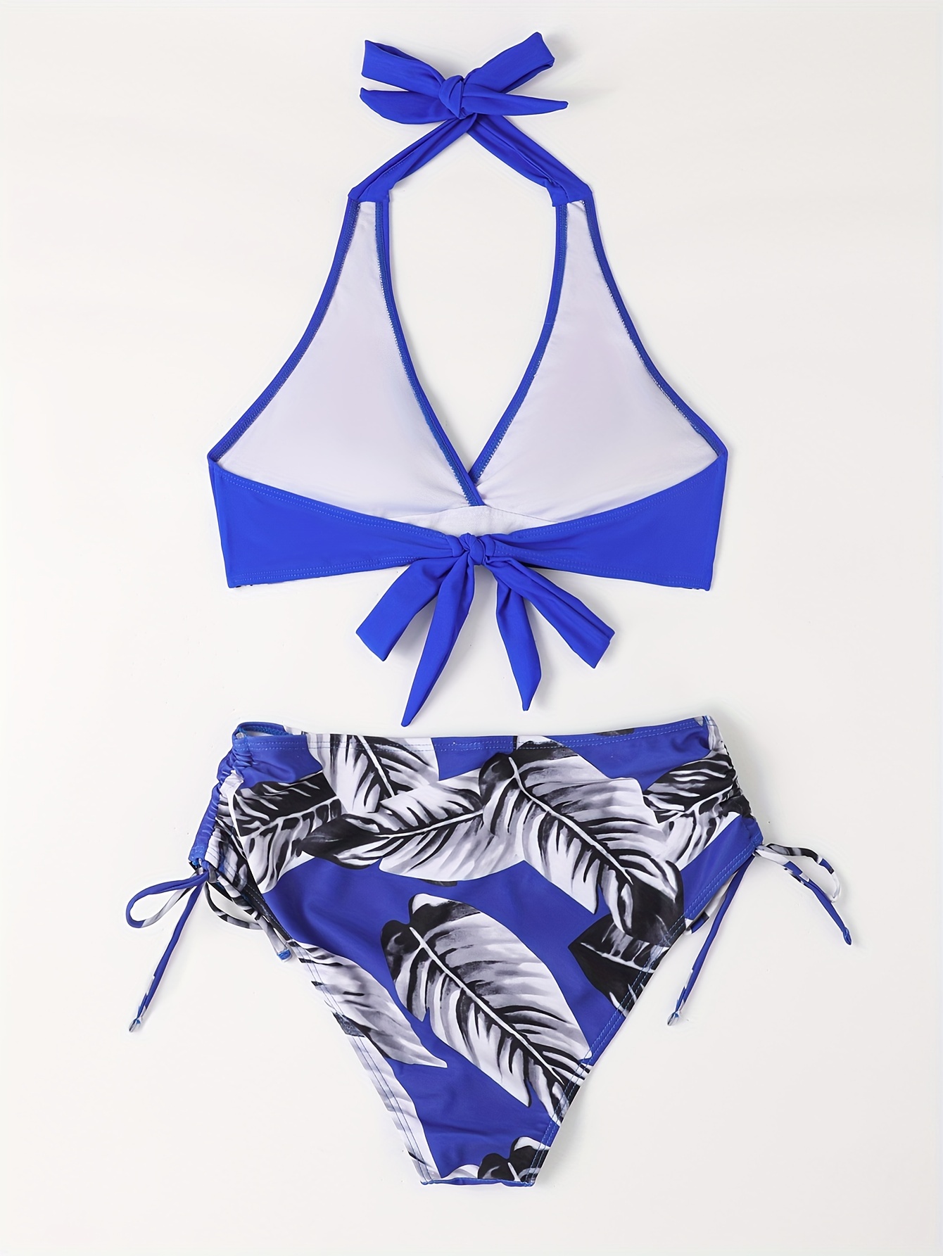 Blue Tropical Leaf Print Drawstring Bikini, Surplice V Neck Stretchy ...