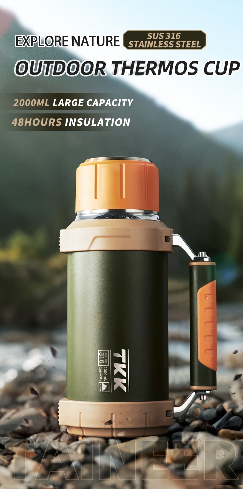 1.6L-3L Large Thermos Flask for Travel,Stainless Steel Vacuum Flask,Camping  & Hiking Flasks with Handle,Large Capacity, Double Lid, Heat Preservation  and Cold Preservation, Odorless