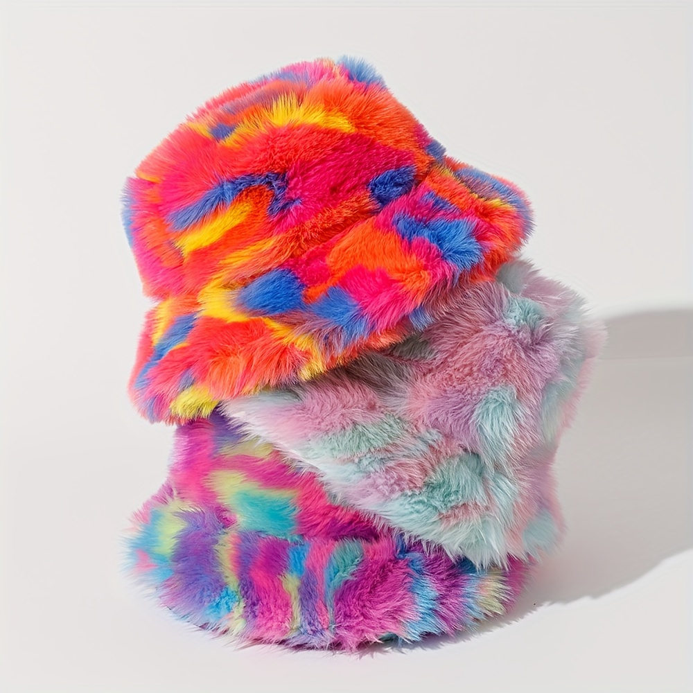 

Chic Women's Colorful Fuzzy Bucket Hat - Warm & Thick For Autumn/winter, Lightweight Polyester Cap With Drawstring Closure